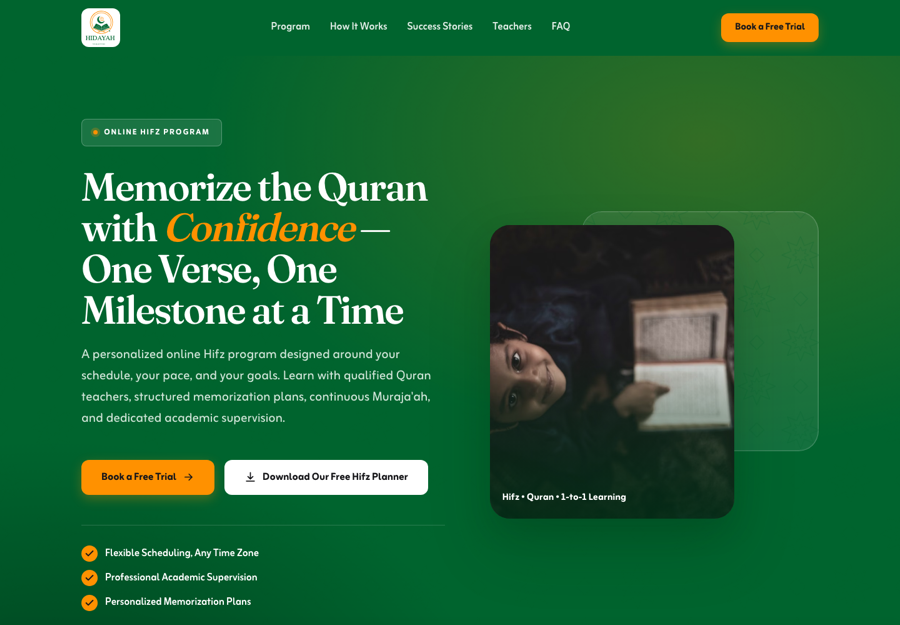 Preview of design two: a deep green hero with a serif headline